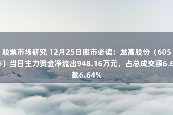 股票市场研究 12月25日股市必读：龙高股份（605086）当日主力资金净流出948.16万元，占总成交额6.64%