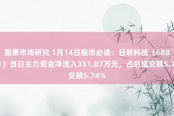 股票市场研究 1月14日股市必读：日联科技（688531）当日主力资金净流入331.87万元，占总成交额5.74%